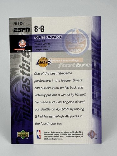 2005 NBA Fastbreak Kobe Bryant Card Lakers ESPN - #FB10 spedizione gratuita veloce - Foto 2 di 3