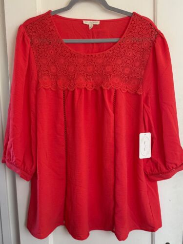 NWT Anthropologie Fig Flower Peasan Blouse Boho TOP Crochet Plus Sz 2X 3X Coral