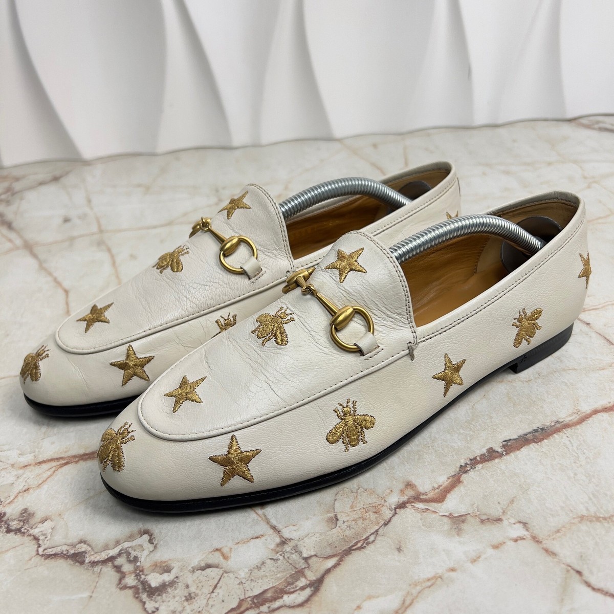 GUCCI Jordaan Horsebit Stars Bee Embroidered Loafers White EUR US