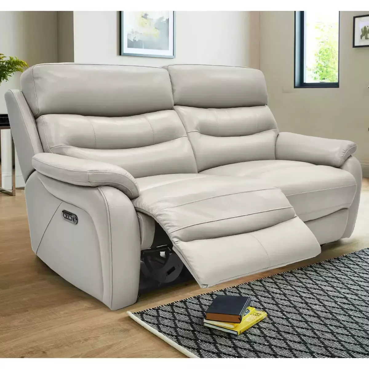Fletcher Light Grey Leather Power Reclining Large 2 Seater Sofa