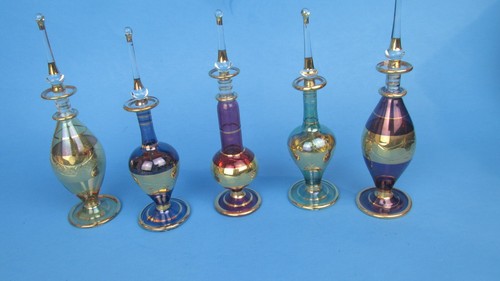 Set of 5 Elegant Egyptian Glass Perfume Bottles hand-painted glass with 24K go - Picture 2 of 7