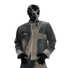 Men's Distressed Patchwork Denim Jacket Retro Streetwear Hip Hop Jean Coat