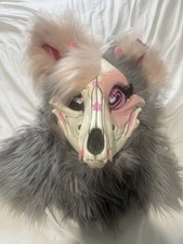 Animal Skull Full Mask Faux Fur Gray White Pink One Size Adjustable Fursuit