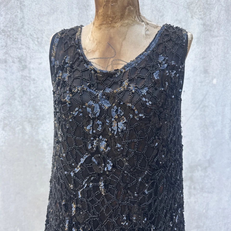 Antique 1920s Spiderweb Beaded Gown Net Ruffles Silk Flower Dress  Vintage - Image 2 of 4