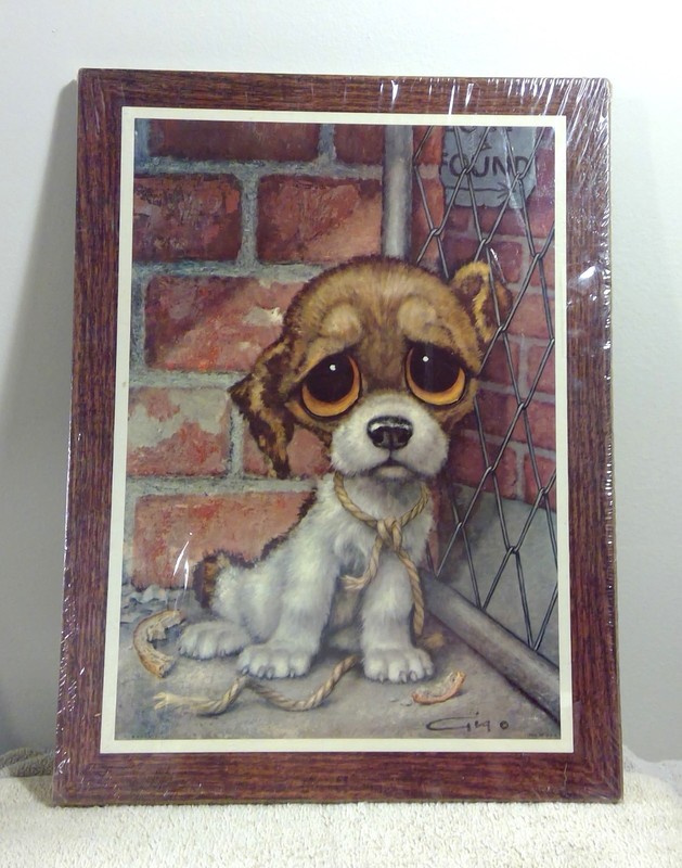 Vintage Gig Big Eye Dog Pity Puppy Litho on Cardboard Plaque Board 14"x10"