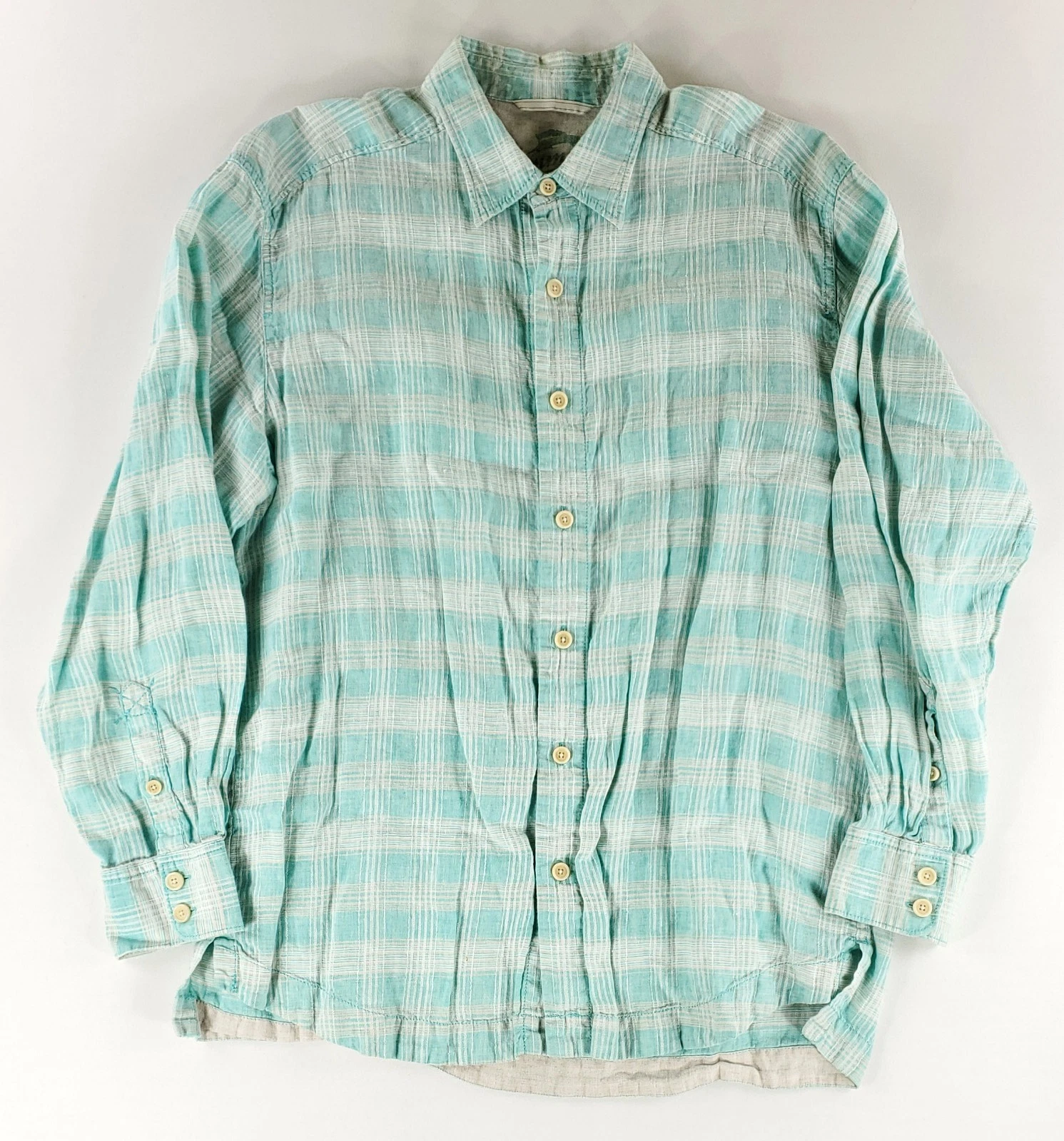 Tommy Bahama 100% Linen Button Up Shirt Green White Plaid Long Sleeve Mens L