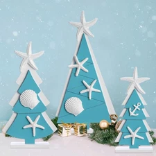 3 Pcs Coastal Christmas Tree Decor Wooden Beach Themed Seashell Starfish Chri...