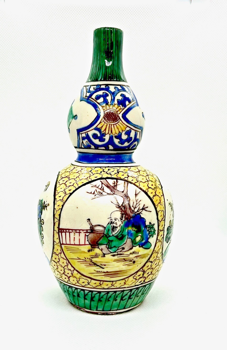 Vintage Japanese Kutani Sake Bottle - Hand Painted Raised Enamel Gourd -Wise Man