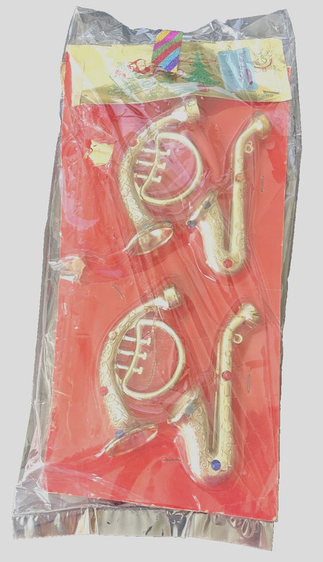 Set 4 ~ Vintage HONG KONG Gold Plastic ~ HORN INSTRUMENTS ~ Ornaments