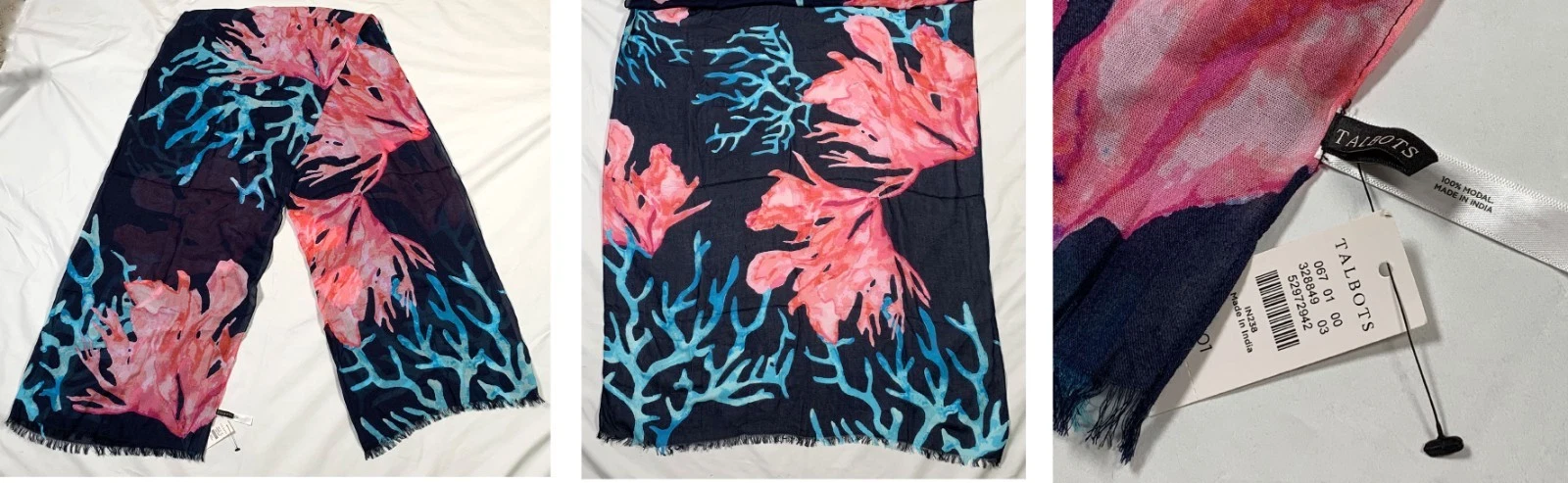 NWT Talbots Pink Blue Coral Reefs Modal Scarf Wrap 28" x 74"