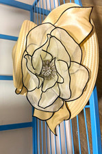 Vintage Whittall Shon Straw Church Derby Hat Cream White Large Organza Flower