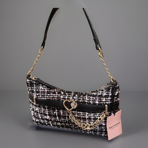 Juicy Couture Multi Color Tweed Open Heart Shoulder Bag With Draped Chain NWT