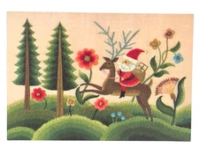 Hallmark Santa Riding Reindeer Folk Art Christmas Embroidery Style Card GC142