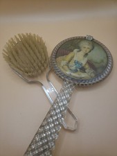Vintage Woman's Vanity Hand Mirror And Brush Set Clear Lucite or Celluloid -