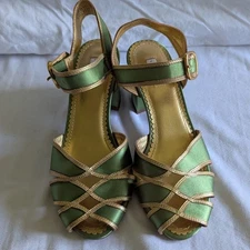 Leifsdottir Anthropologie Green & Gold Satin Sandals Low Block Heel Women's Sz 6