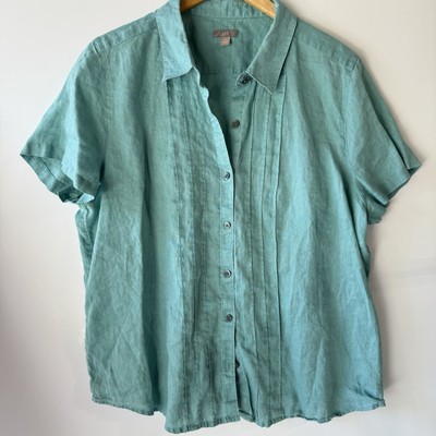 J. Jill 100% Linen Button-Front Shirt Women's XL Teal Blue Green Short Sleeve