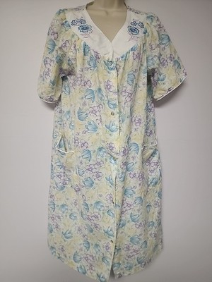 Embroidered Simply Basic Floral Print Pearl Snap House Coat Sz L Pockets Muumuu