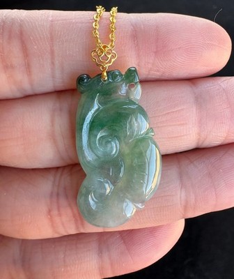 Icy Bright Green Auspicious Clouds Ruyi 如意 Dragon Jadeite Jade Pendant 18K Gold