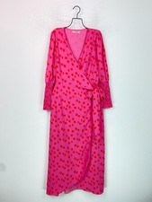 Glamorous Pink Red Spot Long Wrap Dress Long Sleeve Tie Waist V-Neck Boho UK 12