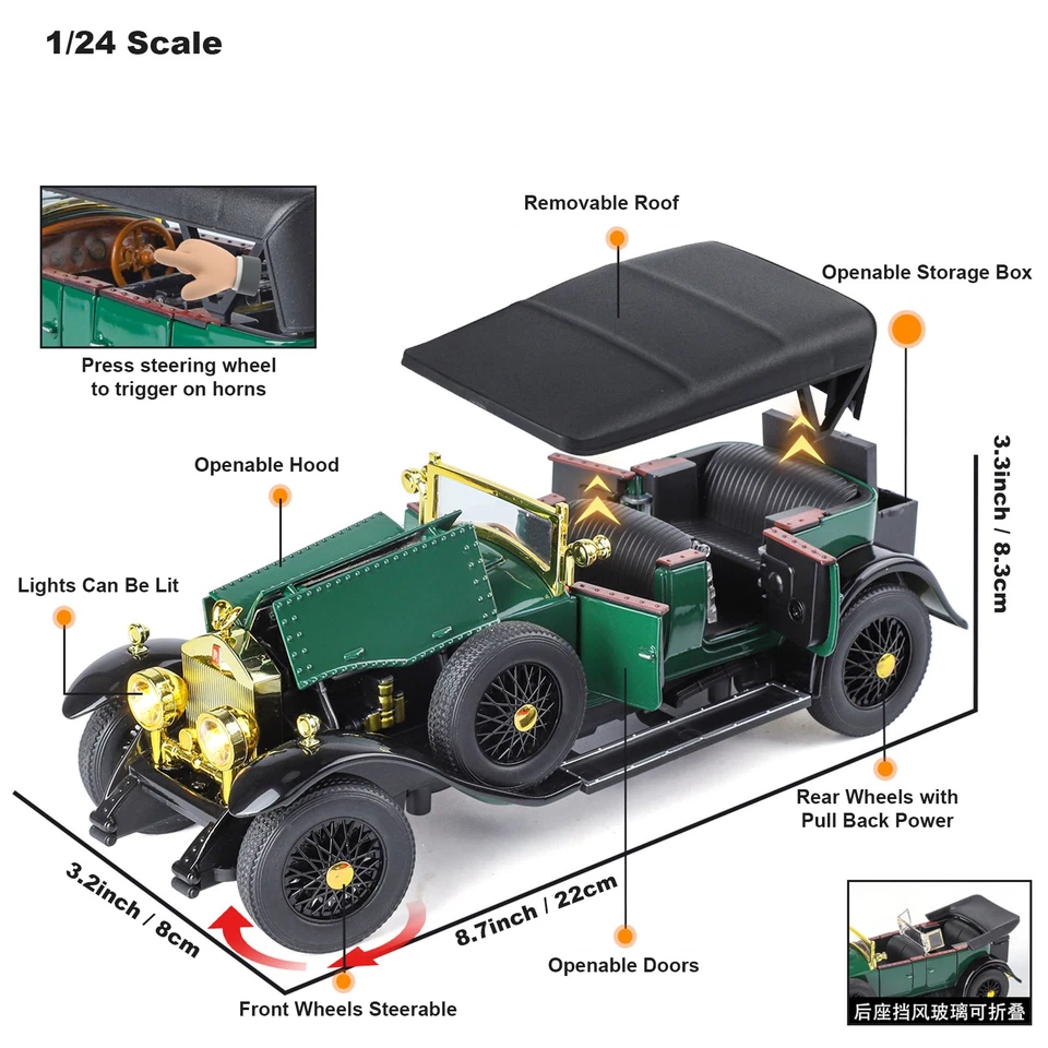1/24 Rolls-Royce Phantom Vintage Car Diecast Model Toy w/ Sound Light Toy Gift - Image 3 of 4