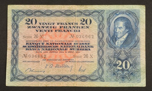 Geldschein Schweiz 20 Franken 9 März 1950 26X NO. 036662 Banknote - Bild 4 von 9