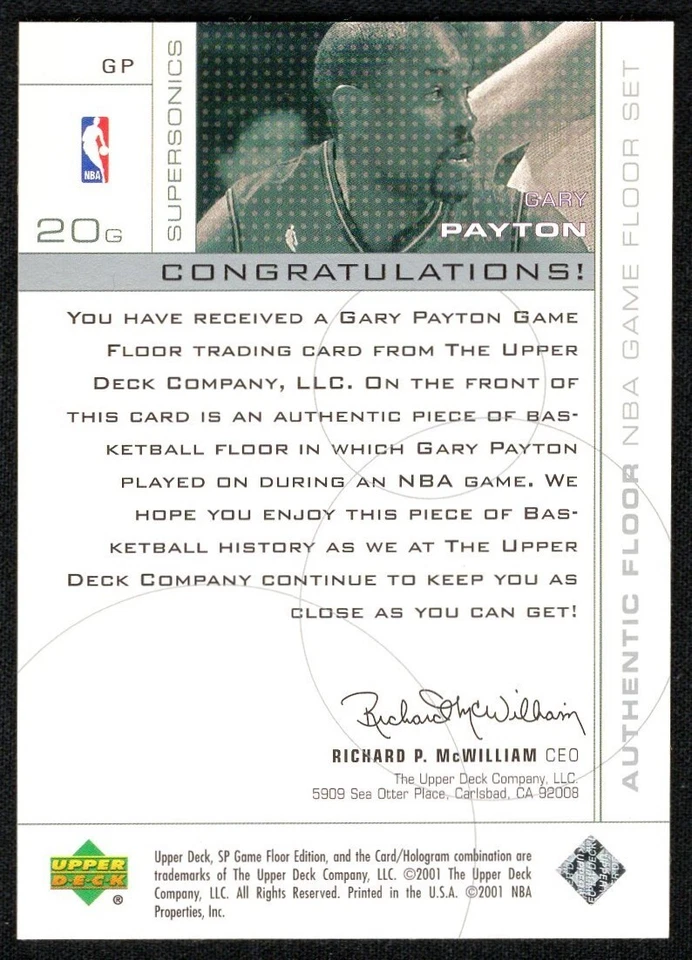 2001 UD SP Game Floor #gp Gary Payton RELIC SONICS HOF - Image 2 of 2