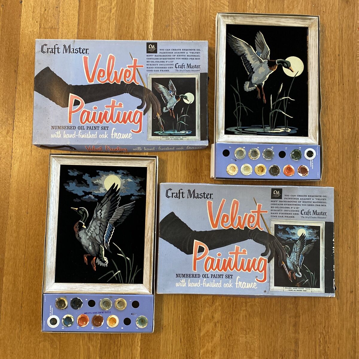 1960s Vintage Black Velvet Paintings Mallard Duck Set of 2 w/ Box 