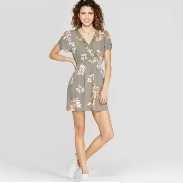 Women's Floral Print Short Sleeve Ruffle Trim Wrap  Dress-Xhilaration-Sage-S-B298