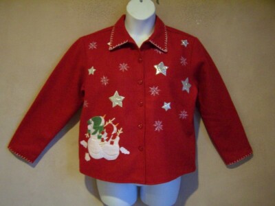 NWOT TAKE TWO Christmas STAR, SNOWMAN, SNOWFLAKE Red Jacket L *ADORABLE*
