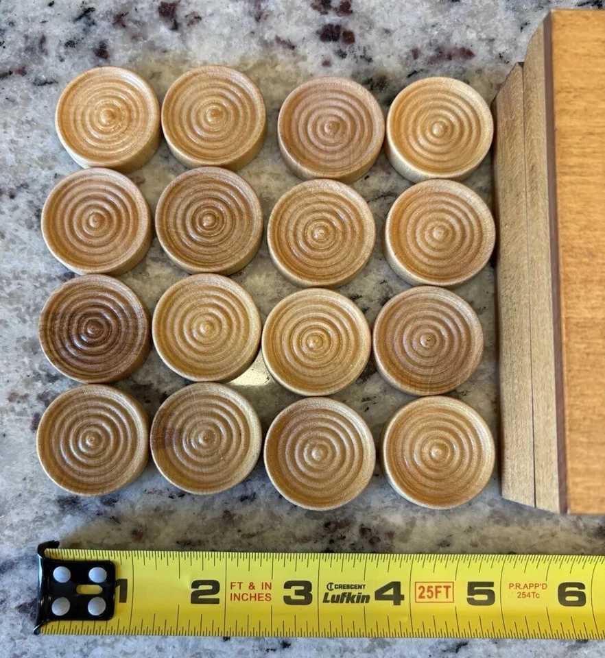 Vintage Draughts Set 16 Each Light And Dark With Wood Box-Made In Poland  - Image 3 of 4