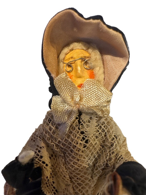 VINTAGE OLD LADY DOLL  WITH GLASSES Umbrella Mourning Dress Shawl