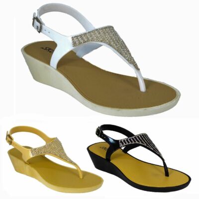 WOMEN LADIES WEDGE JELLY SANDALS LOW HEEL FLIP FLOPS DIAMANTE TOE POST SIZE  UK