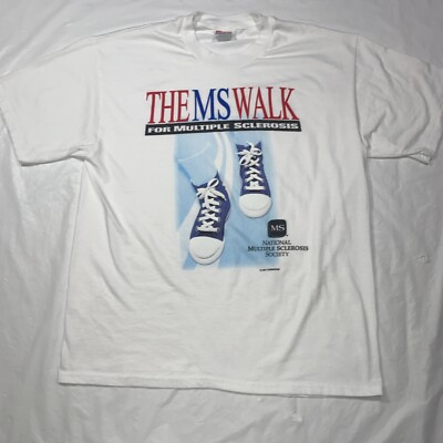 Vintage 90s Multiple Sclerosis T-shirt Size Large 1997 Graphic Shoe Print Rare