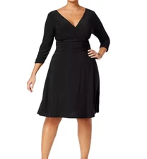NY Collection Dress plus size 2X V Neck Ruched Black 3/4 Sleeve Stretch New