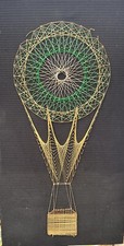 1960’s-70’s String Art Hot Air Balloon Picture. Mounted On Black Cloth. 31x16”