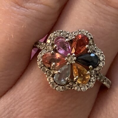 DESIGNER 925 STERLINGSILBER MULTI SAPHIR ROSA BLAU GRÜN BLUME CLUSTER RING