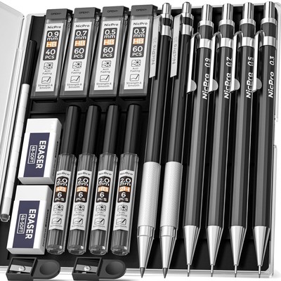 Druckbleistifte Set 6 Stück, Metall, 0,3-2mm, Radiergummis, Etui, Skizzieren