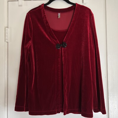 White Stag Sweater Womens Medium Red Velour Twinset Attached Faux Tank Beaded