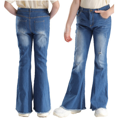 DE Mädchen Jeans Hose Stretch Lange Schlaghose Denim Hosen Straight Jeans Skinny