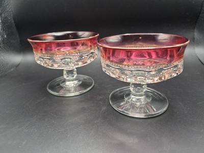 Indiana Colony Glass 2 Clear with Ruby Band Kings Crown Taper Candle Holders