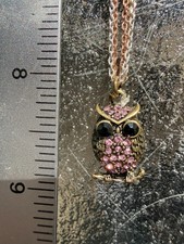 Small Gold Tone Owl w/ Pink Rhinestone Necklace 18"