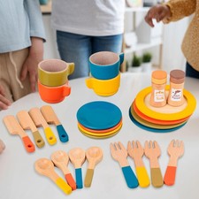 Wooden Toy Plates Dishes, Montessori Color Matching Cups, Simulation Play Dishes