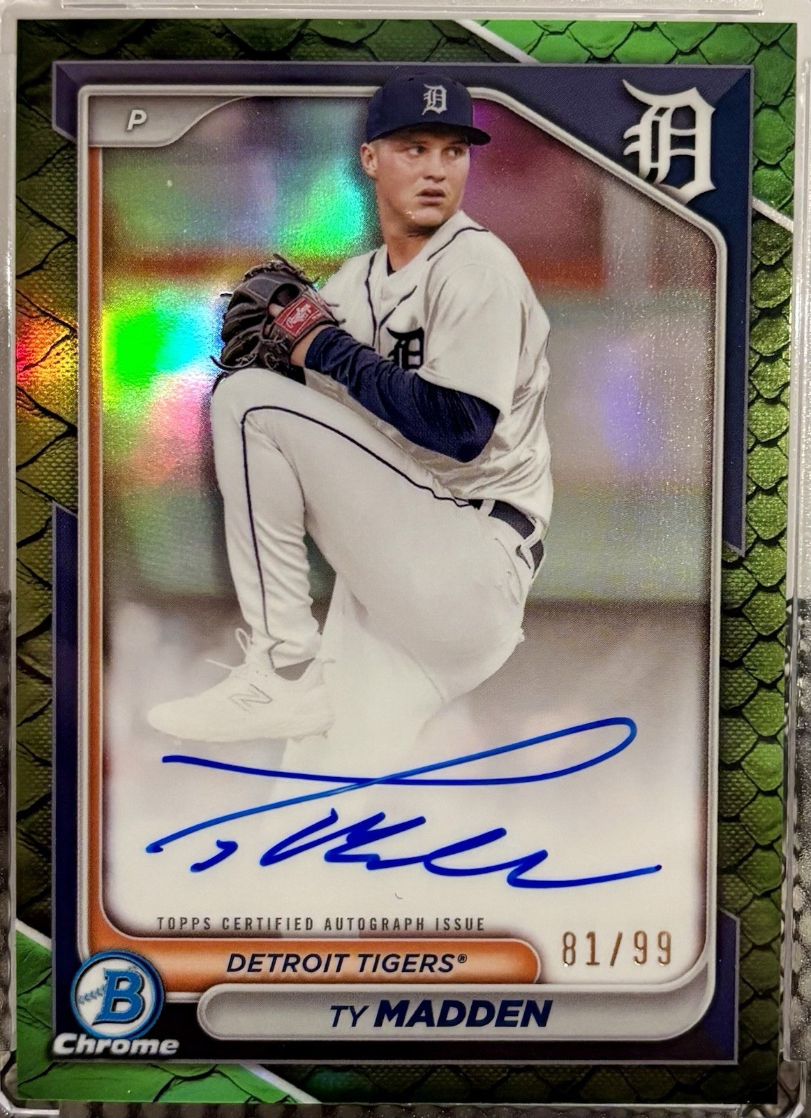 2024 TOPPS BOWMAN CHROME TY MADDEN GREEN REPTILIAN AUTOGRAPH #CPA-TM /99 TIGERS