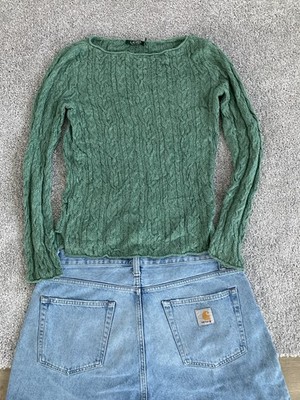 Ralph Lauren Braided Sweatshirt Women Size M Green Oldmoney Style Slim Fit