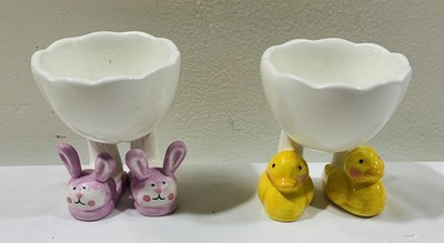 Two Ceramic Easter Bunny And Chick Egg Cup Holders