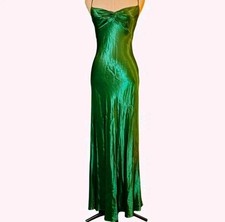 ZumZum Niki Livas, Emerald Green Satiny Slip Maxi-Gown, Lace Back, Prom Y2K VTG