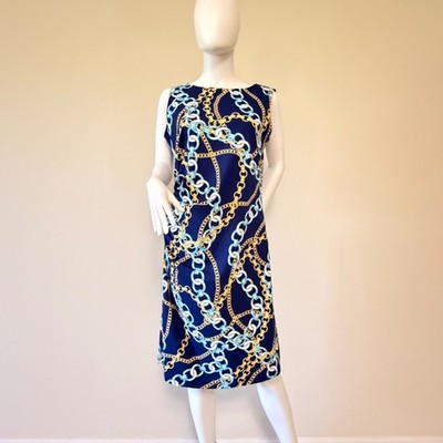 NWT J.McLaughlin Sage Dress Blue Chain Link Print Sleeveless Sheath Size L