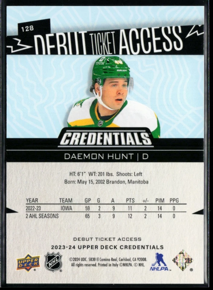 2023-24 Upper Deck Credentials #128 Daemon Hunt RC 261/999 - Image 2 of 2