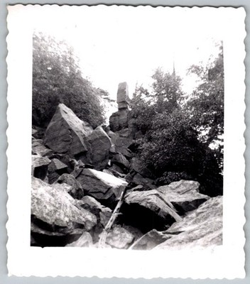 Vtg B&W Snapshot Tall Rock Formation Monolith Pillar Boulders Forest View 1950s
