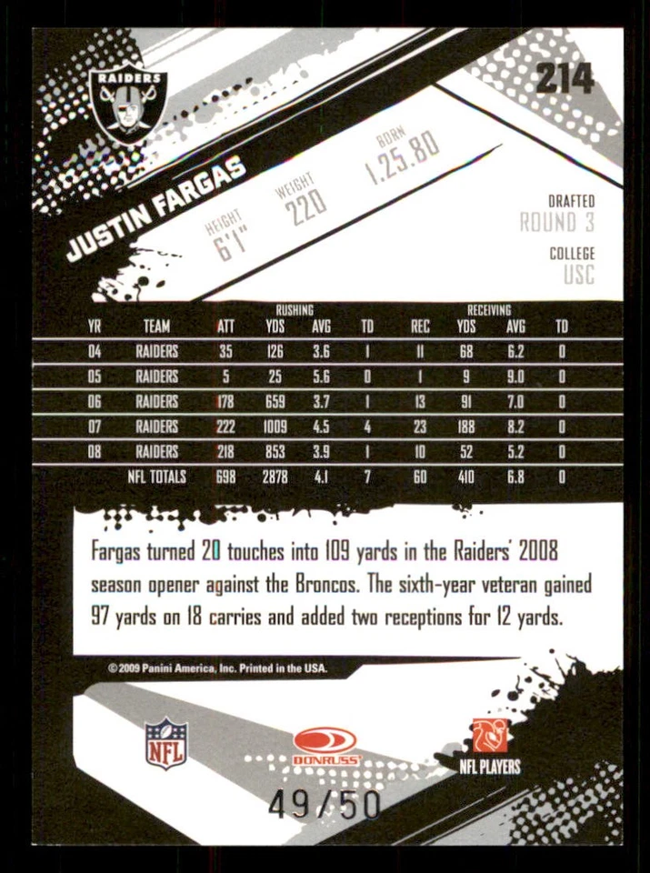 2009 Score Inscriptions Gold Zone #214 Justin Fargas /50 - Image 2 of 2